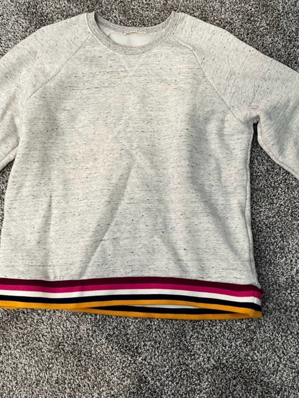 Marine Layer Heather Gray Crewneck Sweater MED Pink, Navy & Mustard Stripe Hem